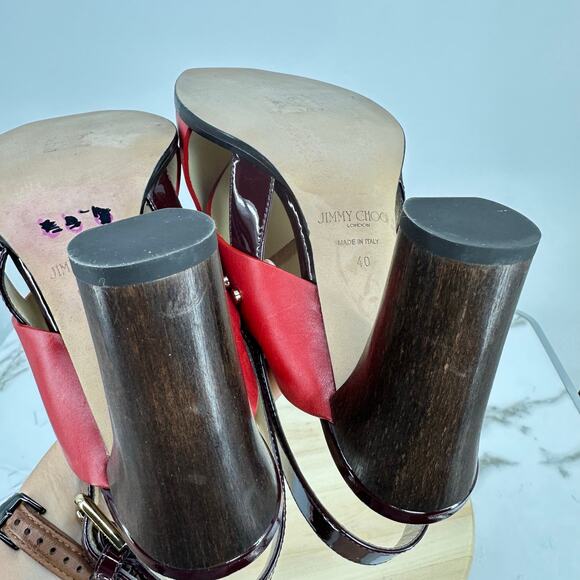 JIMMY CHOO Platform Sandal AIX 125 Red Leather Wood Heels Gold Patent Size 40 - Picture 12 of 12